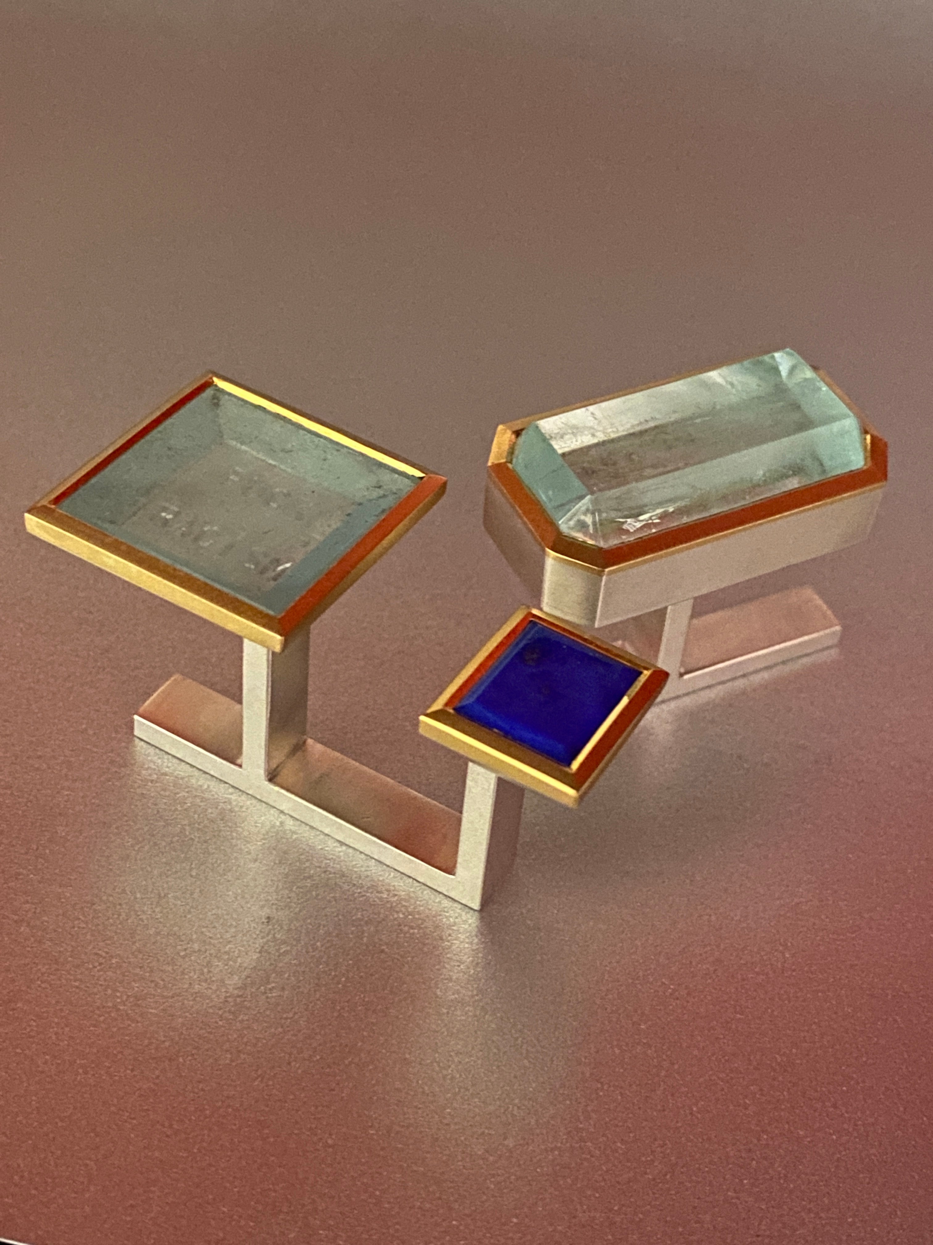 Lamia's two-finger ring Silence is not always golden 1 & 2. Made of silver 23k gold lapis and aquamarine