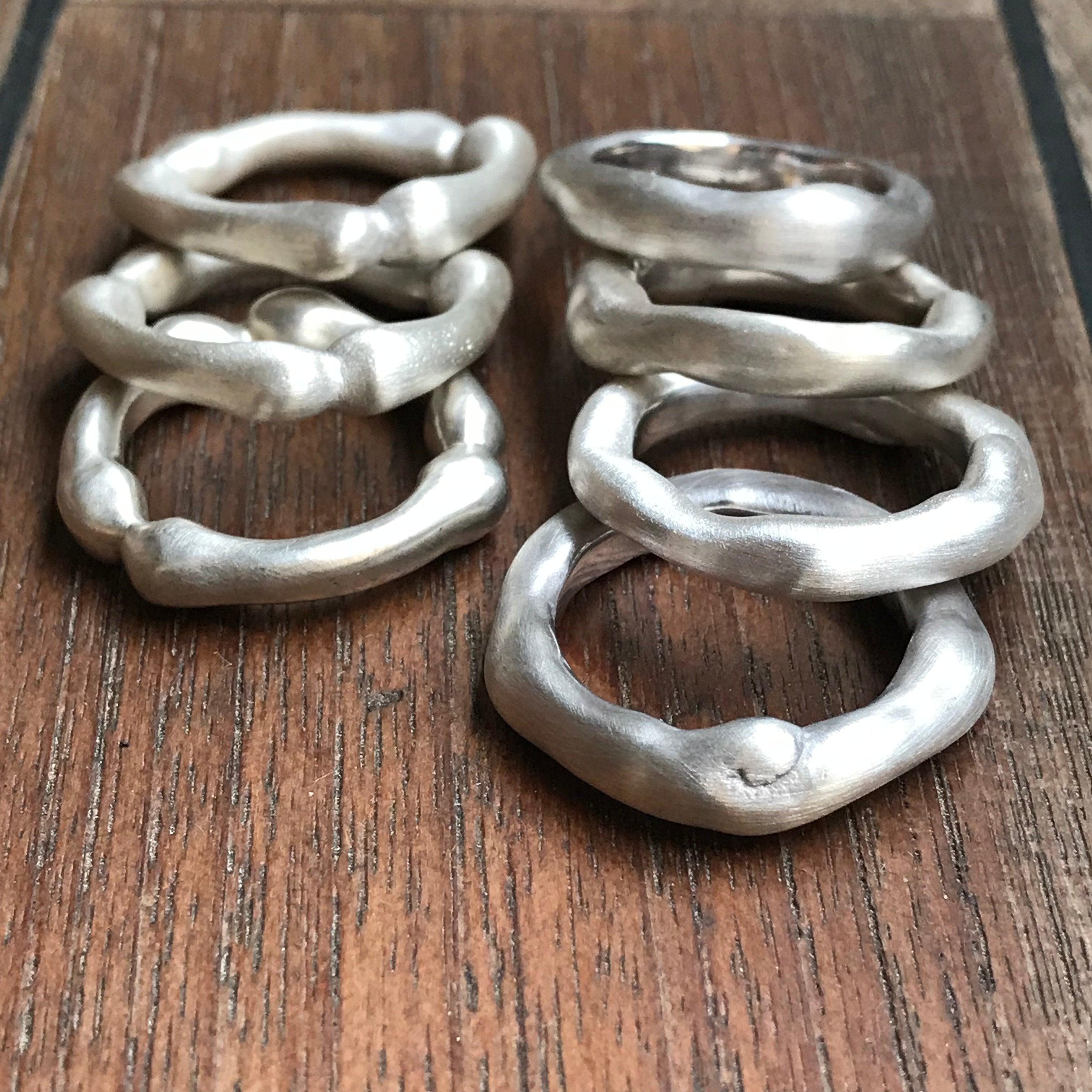 Multifunc. Flow Soft Silver rings Curly & Bulgy  on the right. Flow Rough on the left