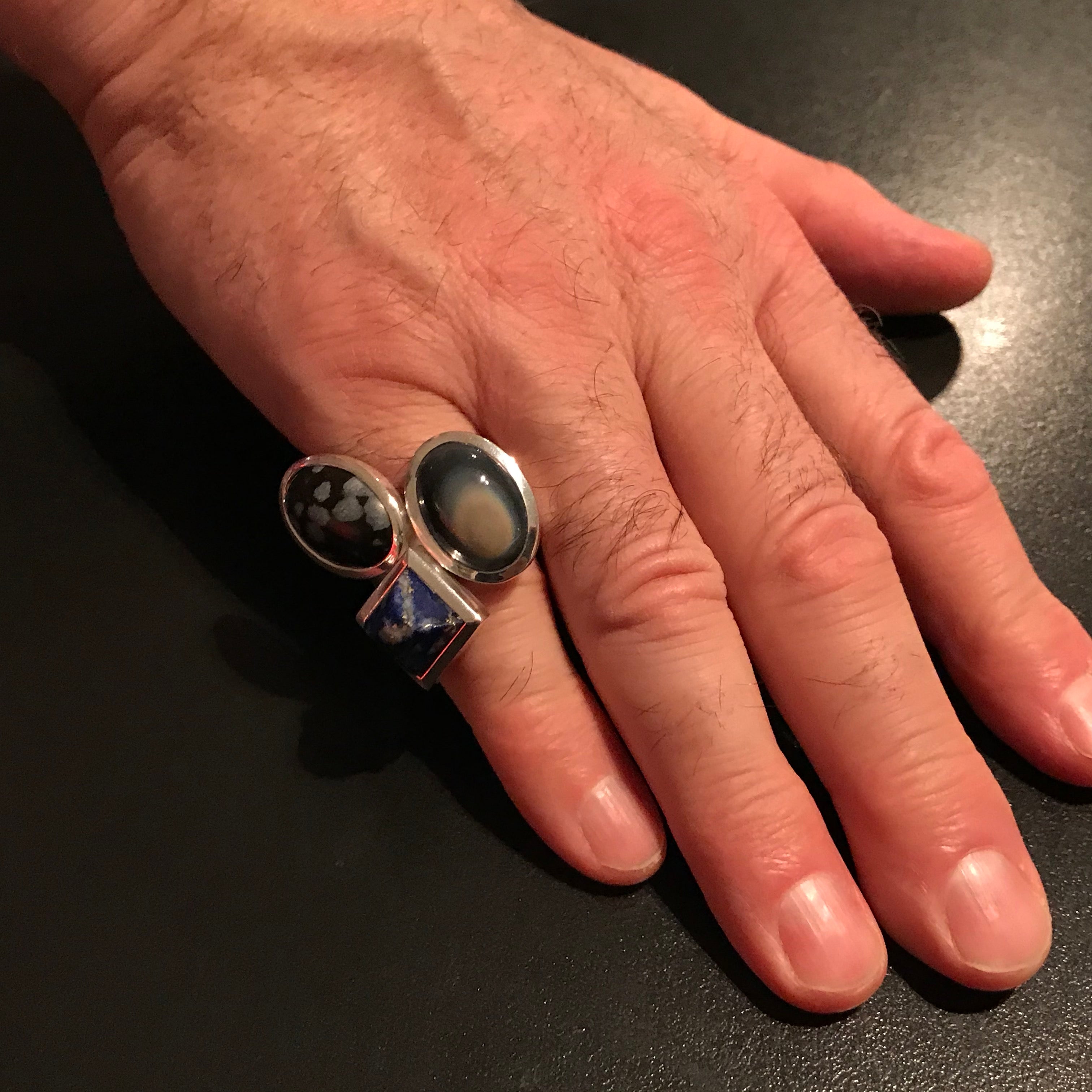 FOUND AT GALLERI PLATINA STOCKHOLM Bold & Unique silver ring. Big, wide & with 3 stones. Obsidian. Agate. Sodalite.